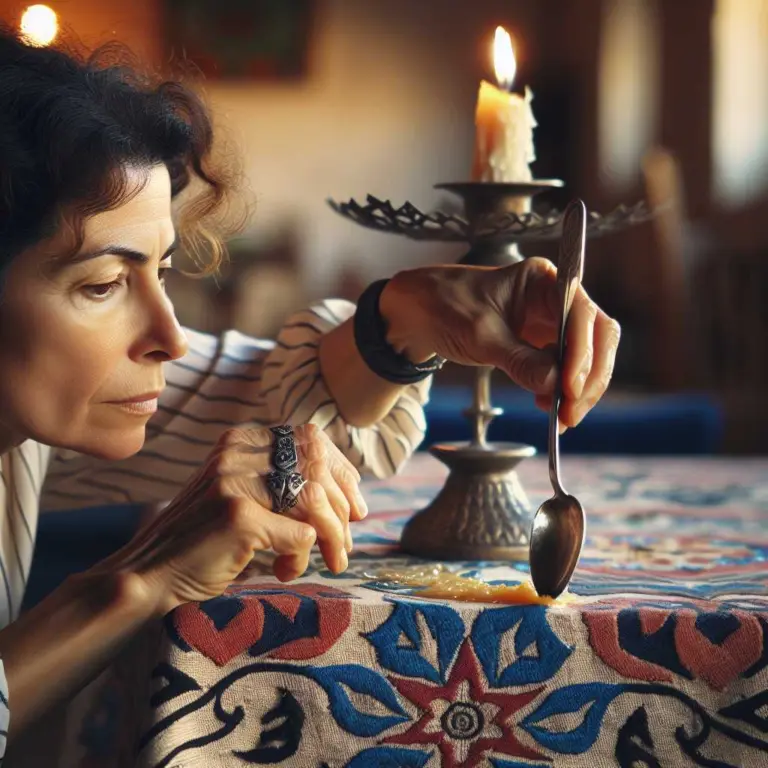 Woman removing candle wax stain from fabric