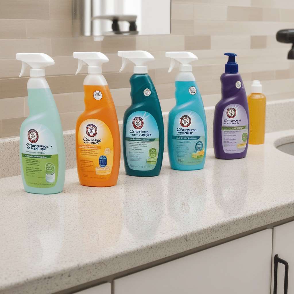 A clean, well-lit countertop showcasing a selection of top-rated carpet cleaning shampoos.