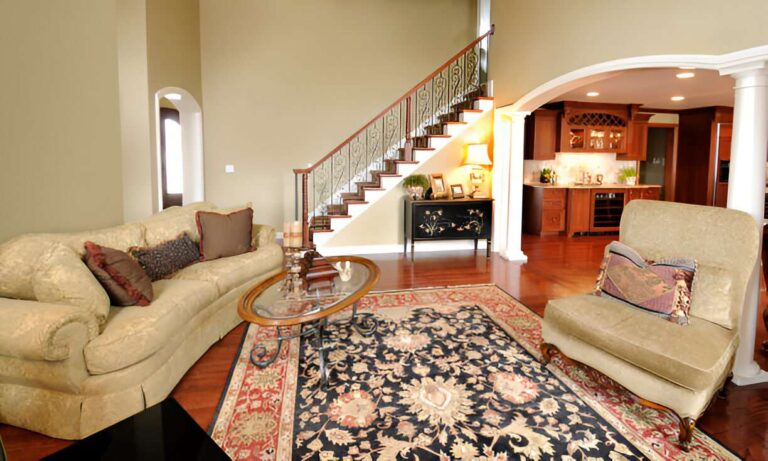 living room with clean oriental rug