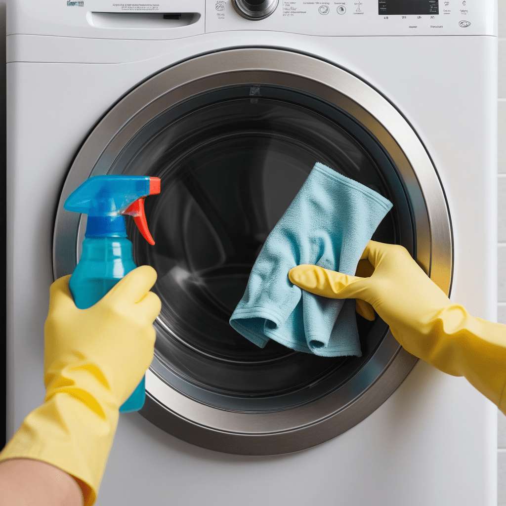 How to Clean and Maintain Washing Machine Door Seal 2 A close-up of a front-loading washing machine’s door seal, showing hands wearing gloves cleaning the rubber gasket with a microfiber cloth and a spray bottle of cleaning solution.