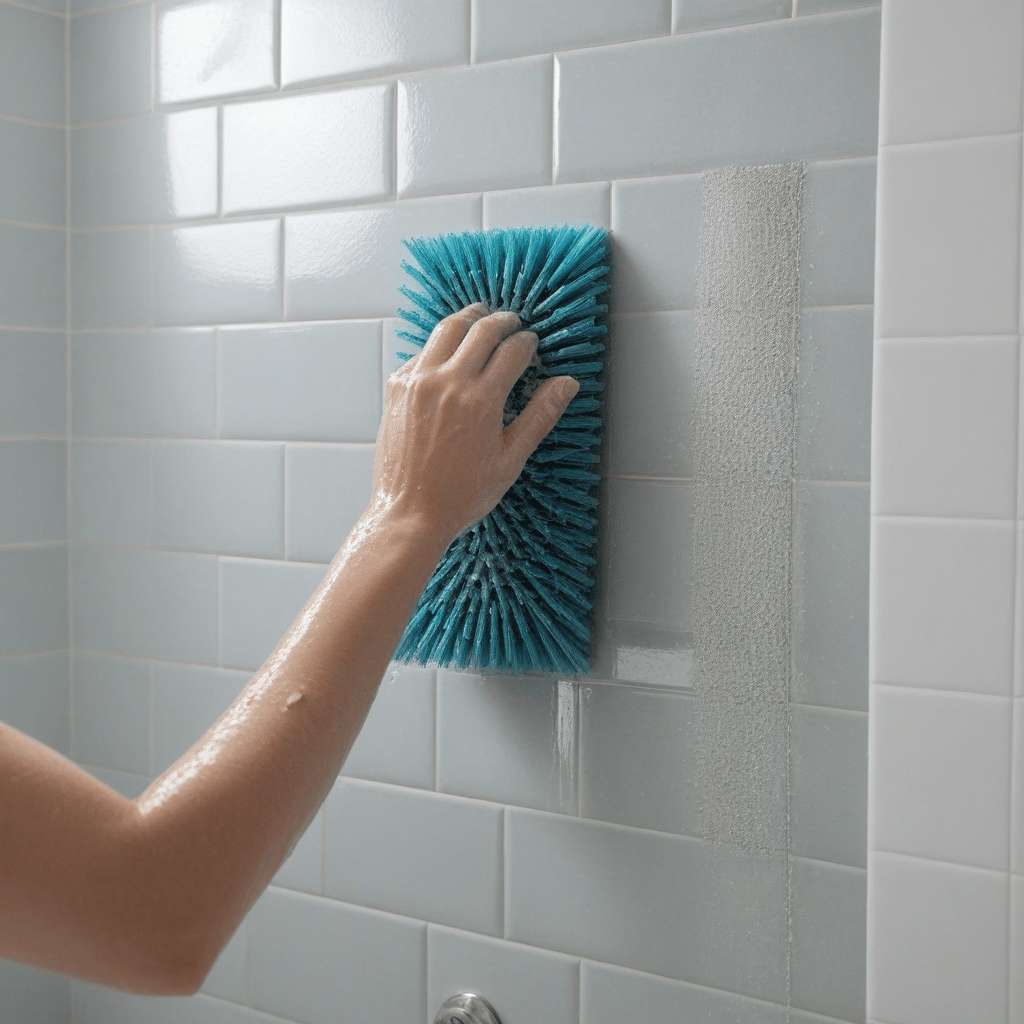 Woman cleaning shower with brush