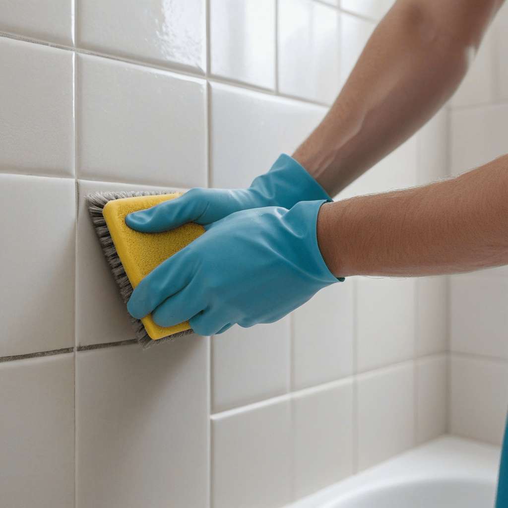A close-up of a person wearing cleaning gloves, using a grout brush to scrub the joints between shower tiles.