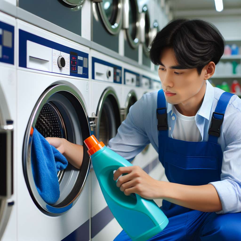 a cleaner in blue uniform adding a detergent to a washing machine