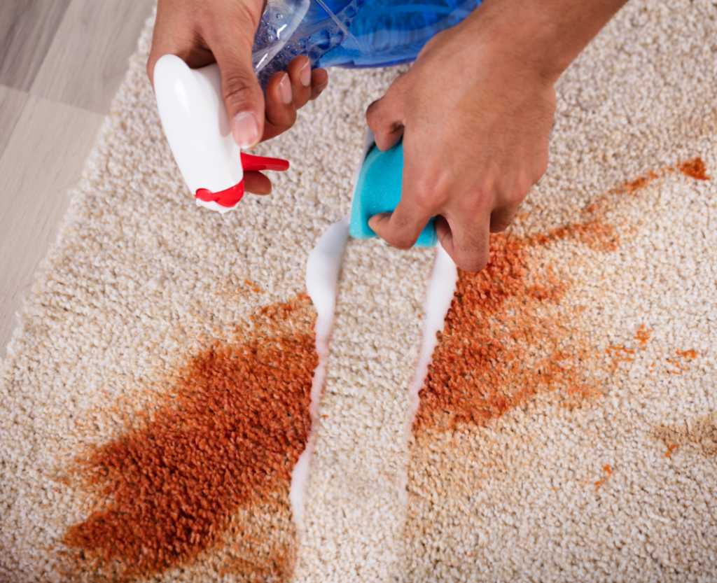 a professional cleaner using brush and spraying solution to remove carpet stain