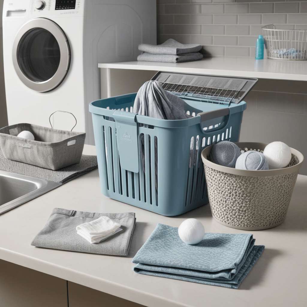 A close-up of essential laundry room accessories arranged on a countertop.