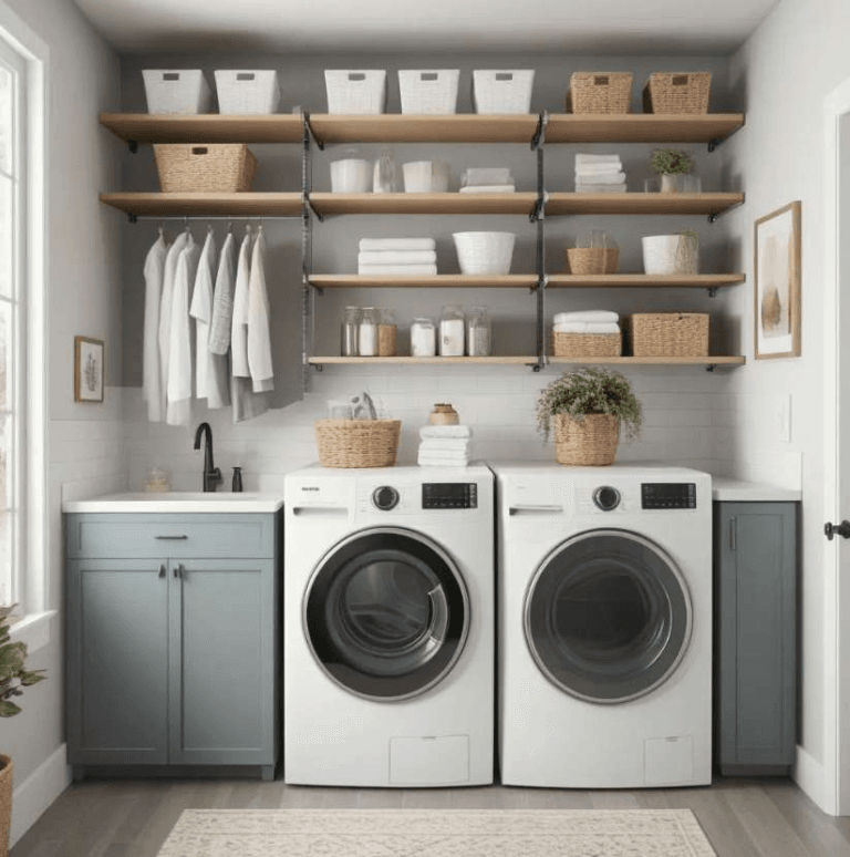 Laundry room with several shelves