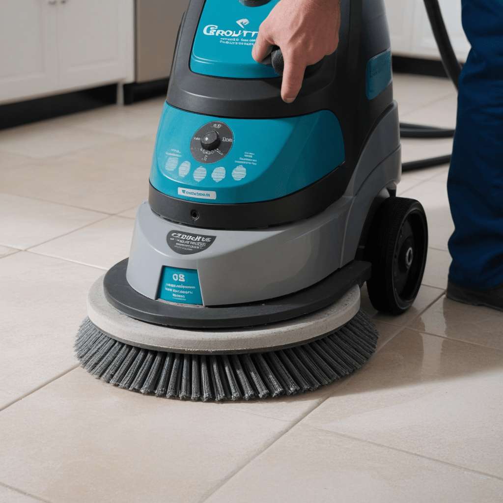 A close-up of a grout cleaning machine in action. 
