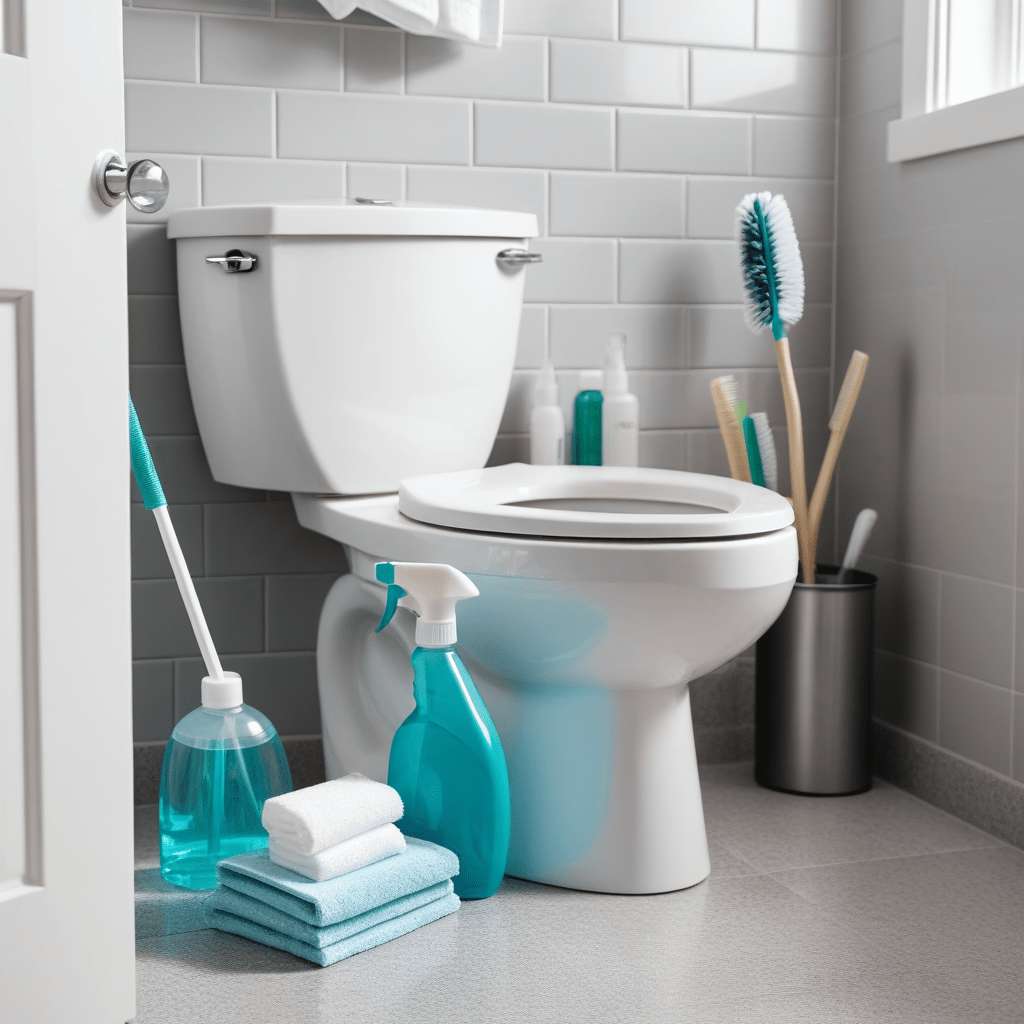 A bathroom scene showcasing a clean and sparkling toilet bowl. Beside the toilet, various cleaning supplies are neatly arranged