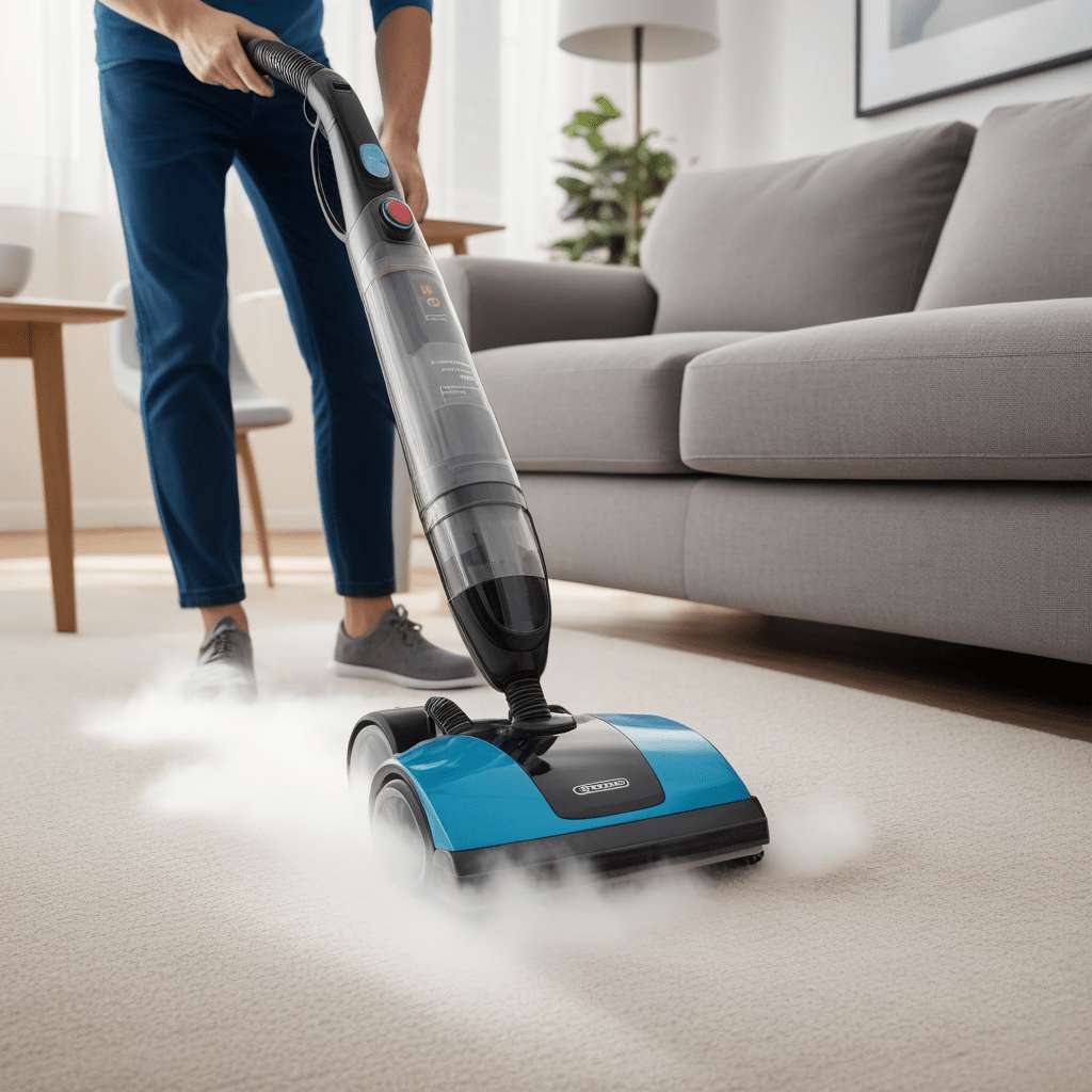 A person using a steam cleaner on a carpet in a living room setting. 